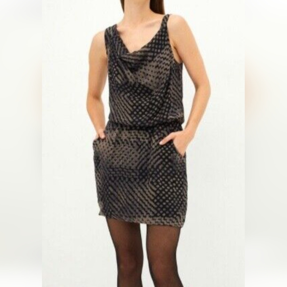 Theory Black  Snd Tan Sheath Mini Dress with Cowl Neck,Size 2.